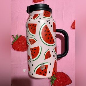 Watermelon Pattern Insulated Travel Mug with Handle - Pink